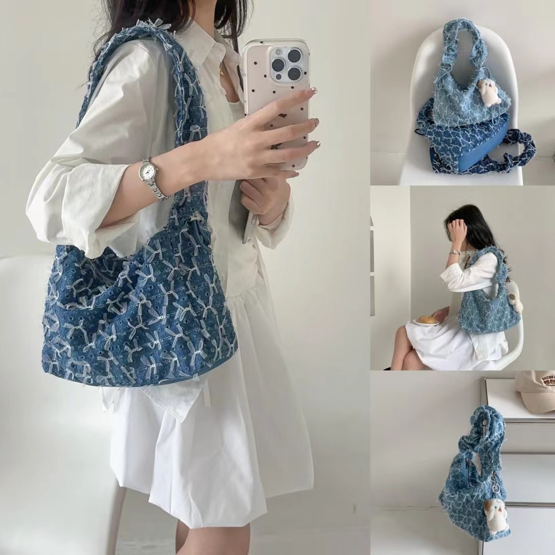 2024 Korean Denim Lace Ruffled Pleated Drawstring Underarm Bag Sweetheart Barbie Canvas Bag - Image 2
