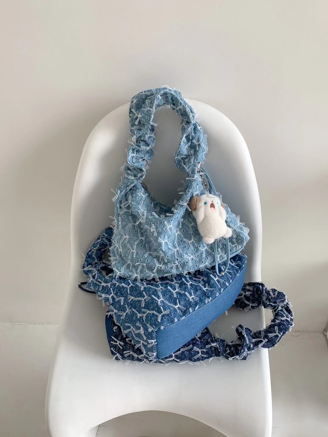 2024 Korean Denim Lace Ruffled Pleated Drawstring Underarm Bag Sweetheart Barbie Canvas Bag
