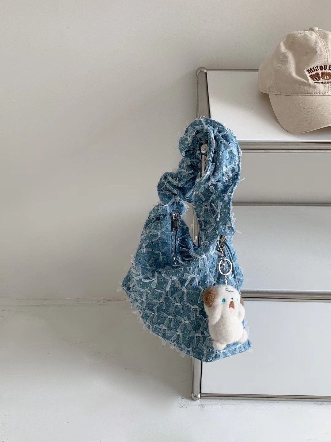2024 Korean Denim Lace Ruffled Pleated Drawstring Underarm Bag Sweetheart Barbie Canvas Bag - Image 3