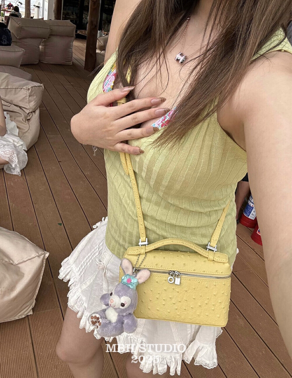 MBH Sweet Top Layer Cowhide Ostrich Pattern LP19 Lunch Box Bag Crossbody Handbag with Shoulder Strap - Image 4
