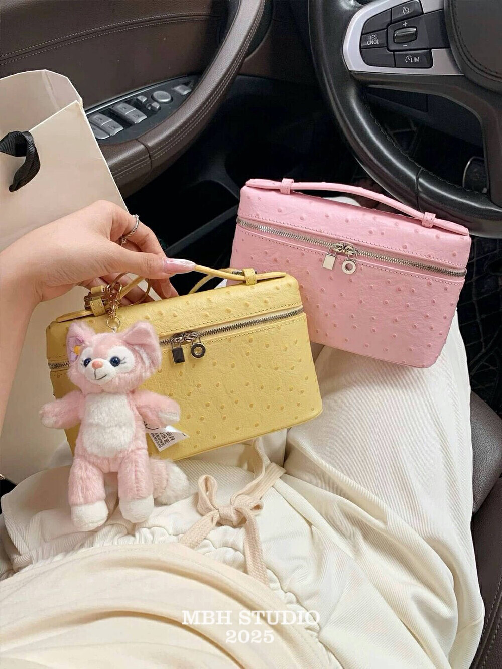MBH Sweet Top Layer Cowhide Ostrich Pattern LP19 Lunch Box Bag Crossbody Handbag with Shoulder Strap