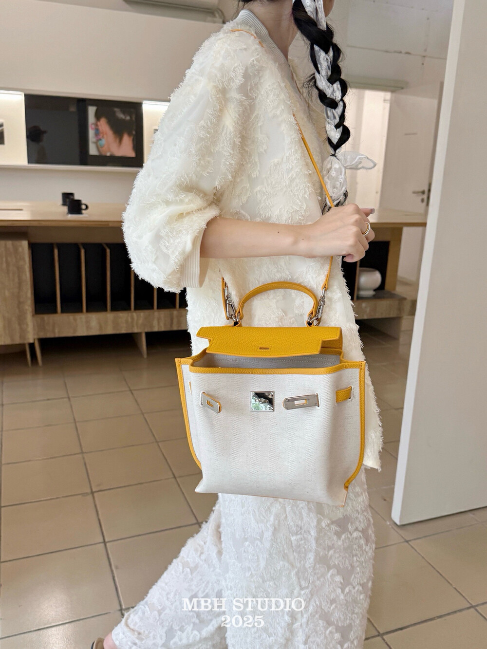 MBH Cotton Linen Patchwork Top Grain Leather Kelly Bag Commuter Versatile Handbag Backpack Crossbody with Shoulder Strap - Image 3