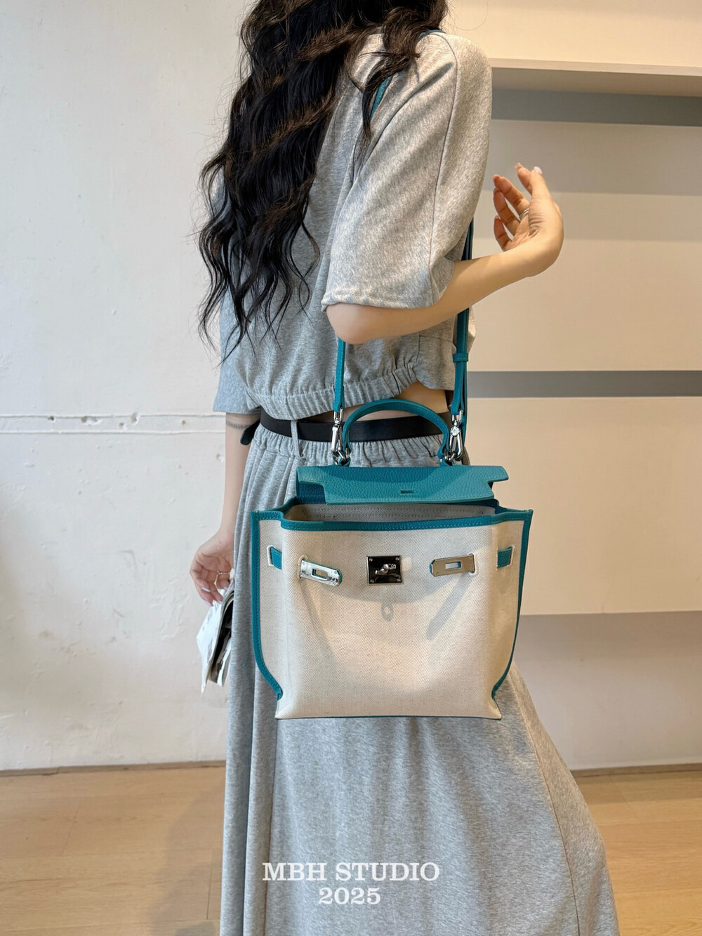 MBH Cotton Linen Patchwork Top Grain Leather Kelly Bag Commuter Versatile Handbag Backpack Crossbody with Shoulder Strap - Image 2