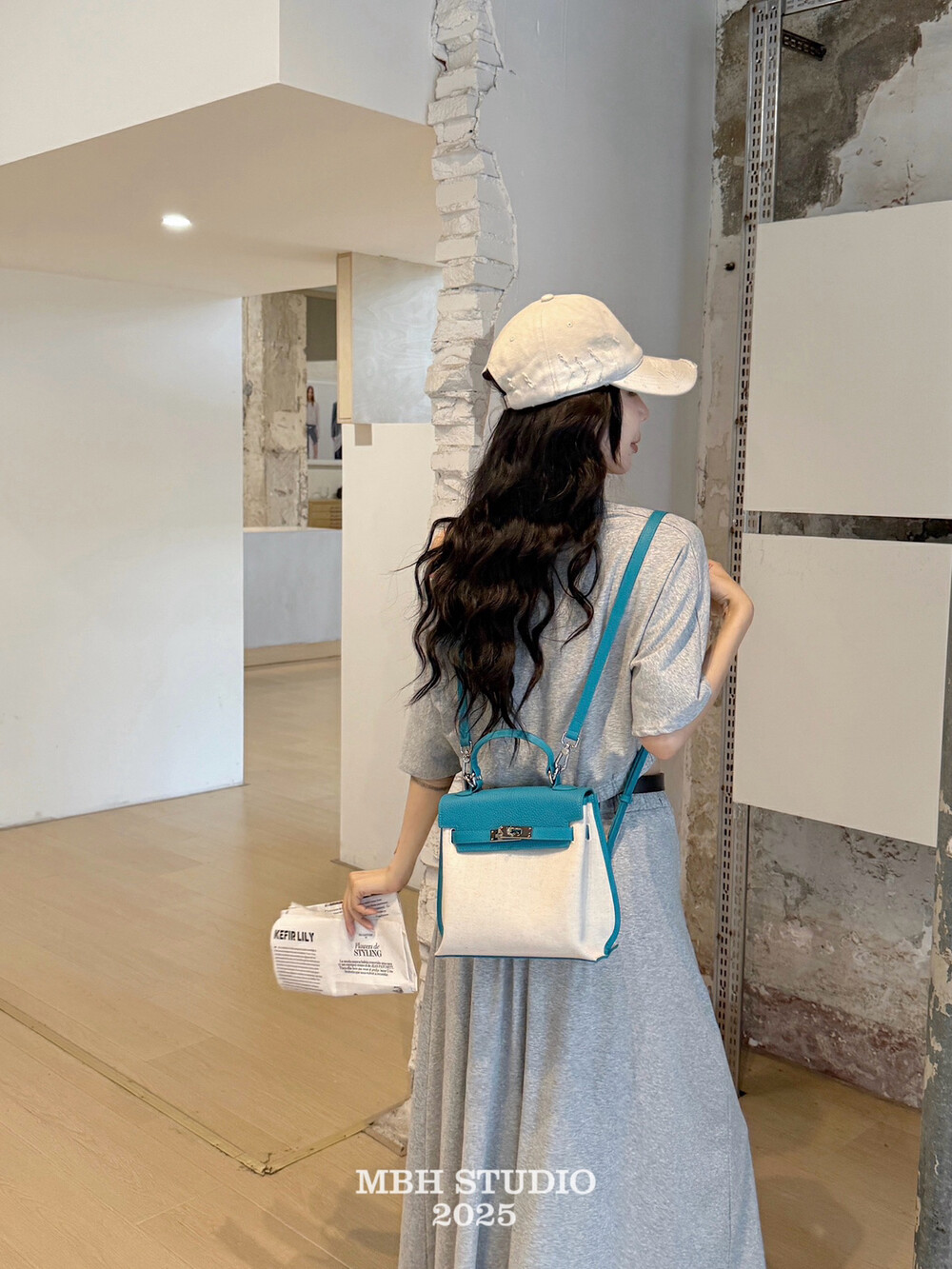 MBH Cotton Linen Patchwork Top Grain Leather Kelly Bag Commuter Versatile Handbag Backpack Crossbody with Shoulder Strap - Image 4