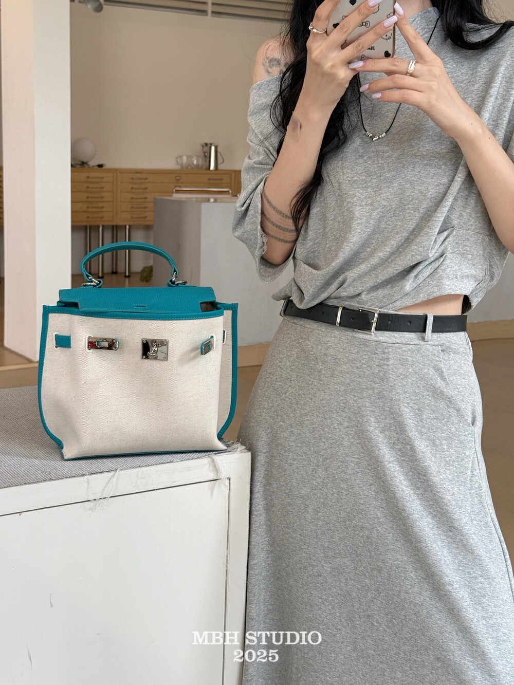 MBH Cotton Linen Patchwork Top Grain Leather Kelly Bag Commuter Versatile Handbag Backpack Crossbody with Shoulder Strap