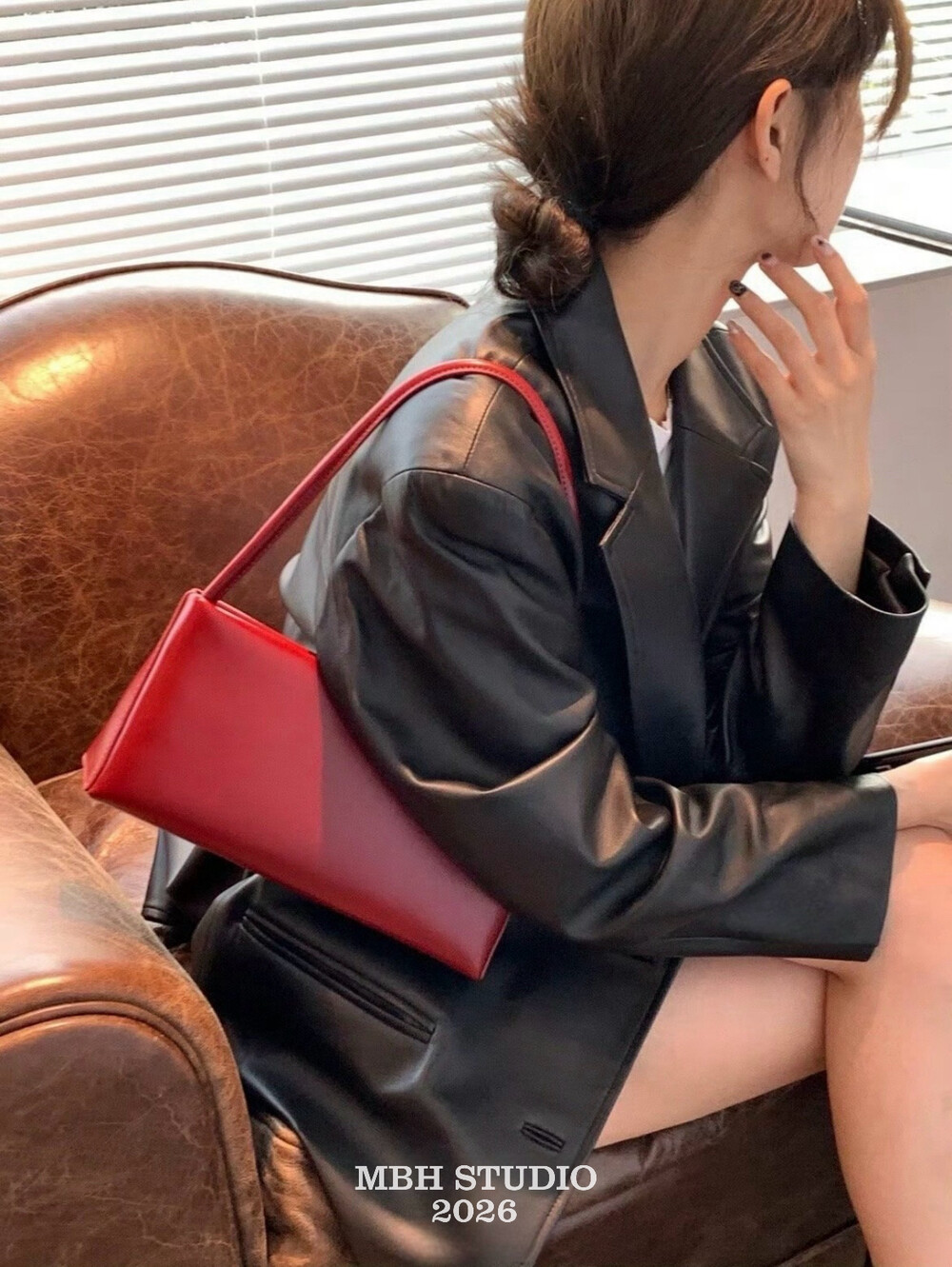 MBH Genuine Leather Baguette Bag Red Wedding Everyday Underarm Shoulder Bag
