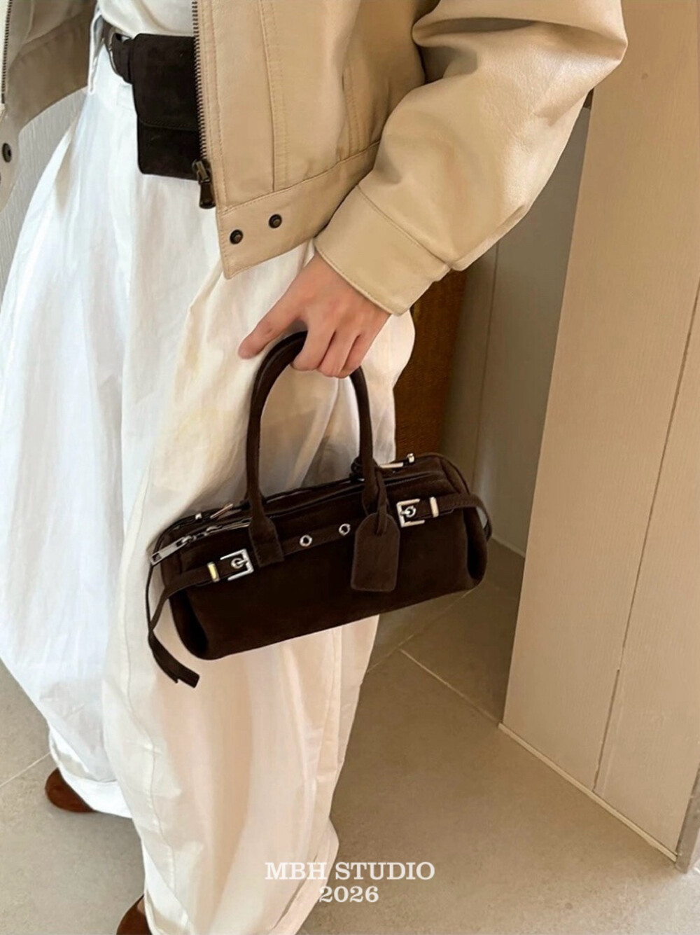 MBH Small Sausage Bag Matte Leather Moto Baguette Shoulder Handbag with Strap - Image 4