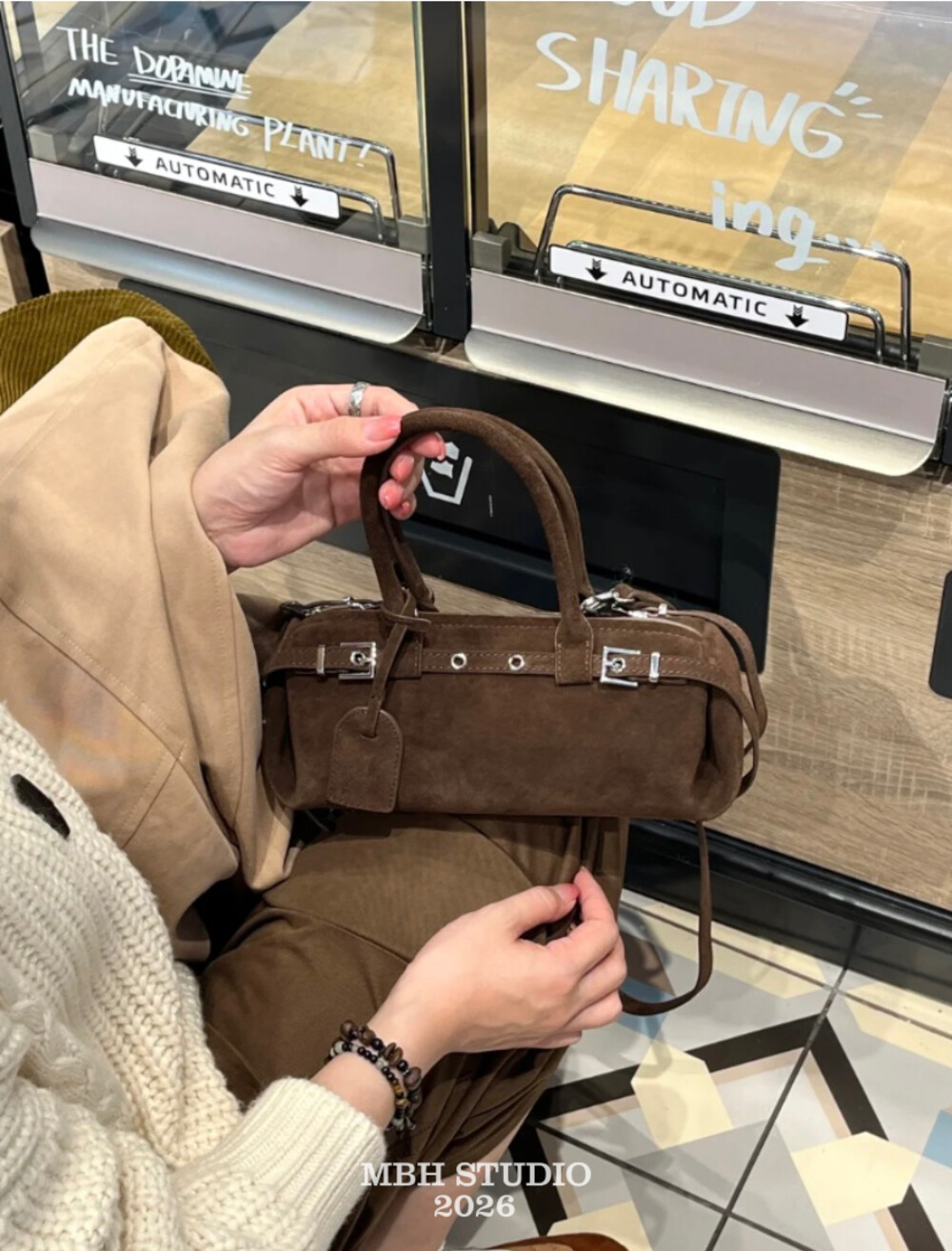 MBH Small Sausage Bag Matte Leather Moto Baguette Shoulder Handbag with Strap - Image 2